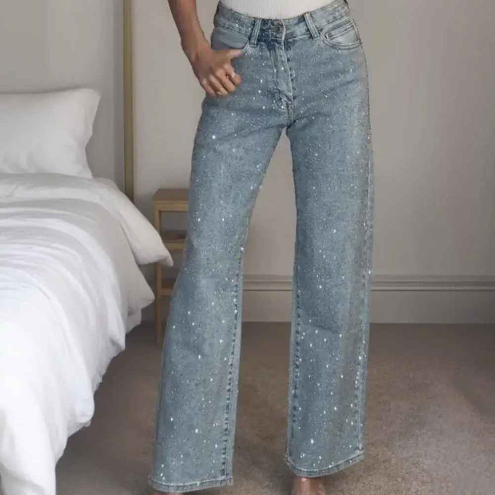 Icone™ SparklingJeans: Strass-Verfraaid Hoge-Taille Recht-Been Sprankelende Spijkerbroek Met Riem