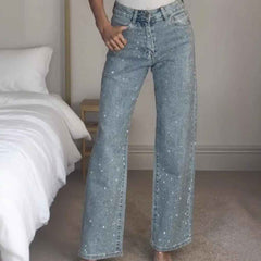 Icone™ SparklingJeans: Strass-Verfraaid Hoge-Taille Recht-Been Sprankelende Spijkerbroek Met Riem