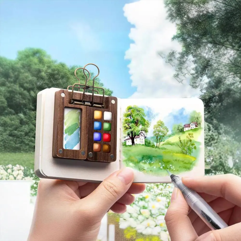 PaintPalette: Mini Houten Draagbare Kunstenaars Verf Palette Doos