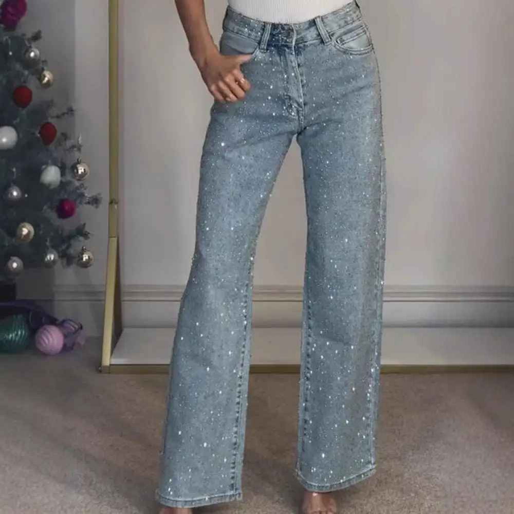 Icone™ SparklingJeans: Strass-Verfraaid Hoge-Taille Recht-Been Sprankelende Spijkerbroek Met Riem