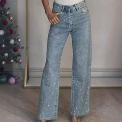 Icone™ SparklingJeans: Strass-Verfraaid Hoge-Taille Recht-Been Sprankelende Spijkerbroek Met Riem