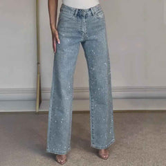 Icone™ SparklingJeans: Strass-Verfraaid Hoge-Taille Recht-Been Sprankelende Spijkerbroek Met Riem