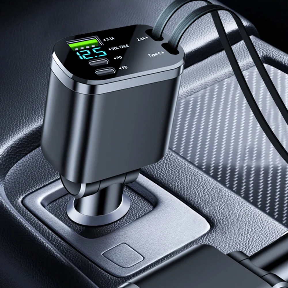 CarCharger: 5-In-1 Opladen Poort Intrekbaar Kabel Snel Auto Oplader