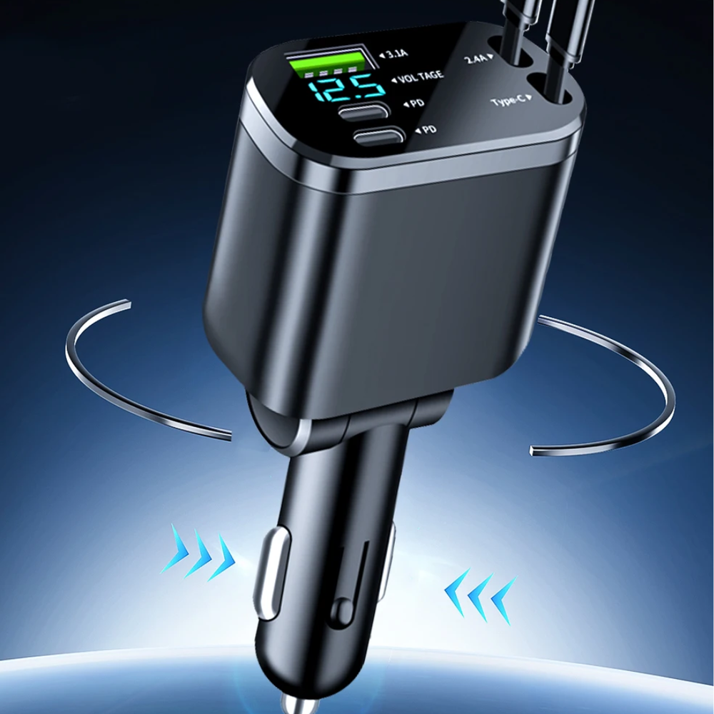 CarCharger: 5-In-1 Opladen Poort Intrekbaar Kabel Snel Auto Oplader