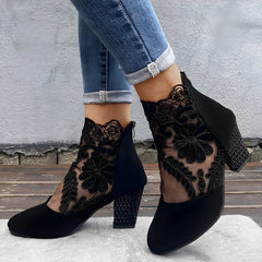 Happy™ EmbroideredHeels: Stijlvolle Blok Hakken Gesloten Neus Mesh Geborduurde Hakken