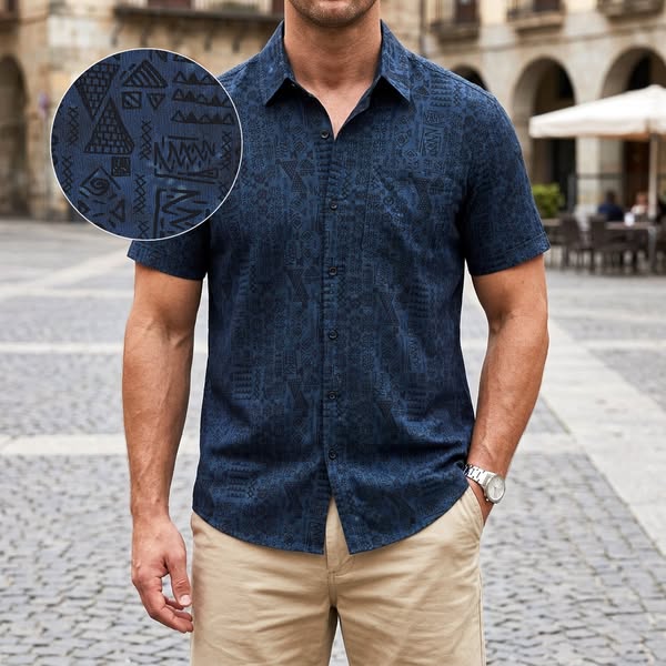 Icone™ VersatileShirt: Heren Veelzijdig Patroon Kort Mouw Knop Omlaag Shirt