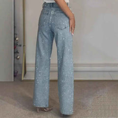 Icone™ SparklingJeans: Strass-Verfraaid Hoge-Taille Recht-Been Sprankelende Spijkerbroek Met Riem