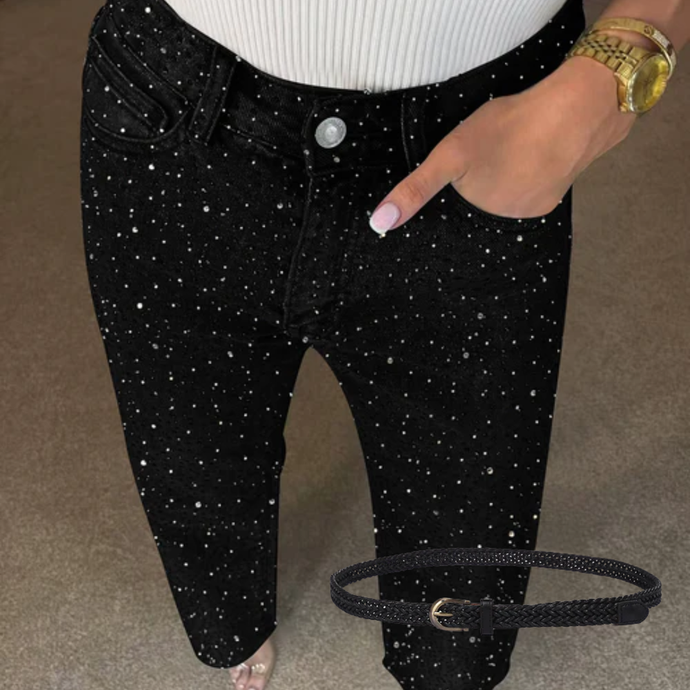 Icone™ SparklingJeans: Strass-Verfraaid Hoge-Taille Recht-Been Sprankelende Spijkerbroek Met Riem