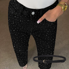 Icone™ SparklingJeans: Strass-Verfraaid Hoge-Taille Recht-Been Sprankelende Spijkerbroek Met Riem