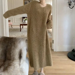Icone™ CozyDress: Dames Elegante Nep-Zacht V-Hals Maxi Cozy Jurk