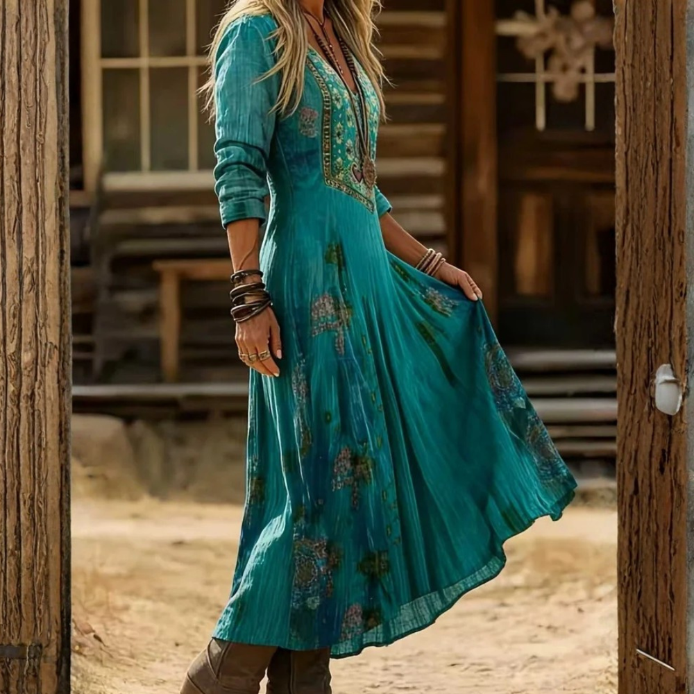Icone™ VintageDress: Stijlvolle Bloemenprint Toevallig V-Hals Lange Mouwen Vintage Jurk