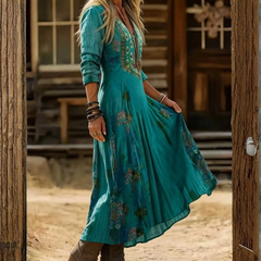 Icone™ VintageDress: Stijlvolle Bloemenprint Toevallig V-Hals Lange Mouwen Vintage Jurk