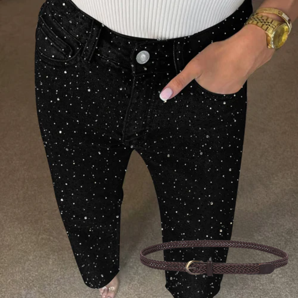 Icone™ SparklingJeans: Strass-Verfraaid Hoge-Taille Recht-Been Sprankelende Spijkerbroek Met Riem