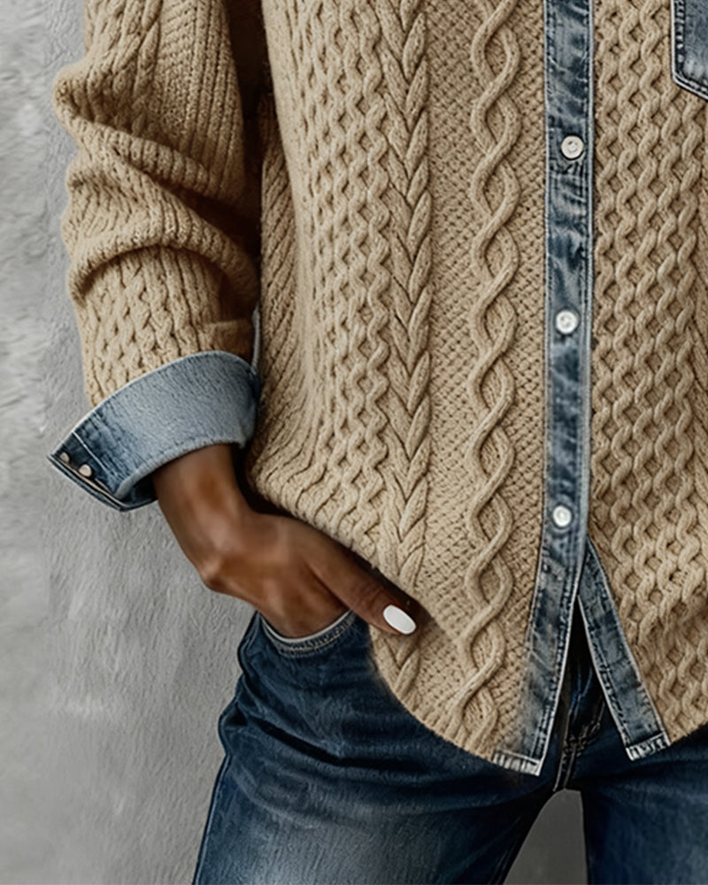 Icone™ DenimKnitwear: Dames Met Gekraagd Patchwork Knoop-Omlaag Denim Gebreide Kleding