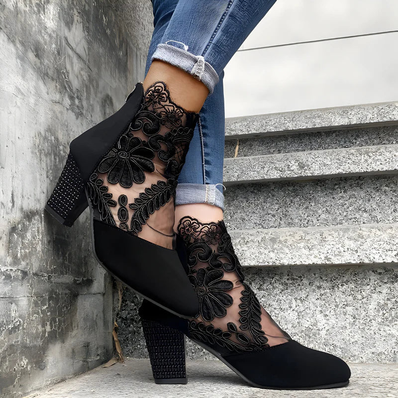 Happy™ EmbroideredHeels: Stijlvolle Blok Hakken Gesloten Neus Mesh Geborduurde Hakken