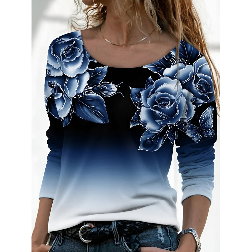 Icone™ FloralLongsleeves: Dames Casual Comfort Top Ronde Hals Bloemen Lange Mouwen