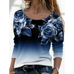 Icone™ FloralLongsleeves: Dames Casual Comfort Top Ronde Hals Bloemen Lange Mouwen