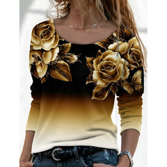 Icone™ FloralLongsleeves: Dames Casual Comfort Top Ronde Hals Bloemen Lange Mouwen