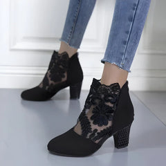 Happy™ EmbroideredHeels: Stijlvolle Blok Hakken Gesloten Neus Mesh Geborduurde Hakken