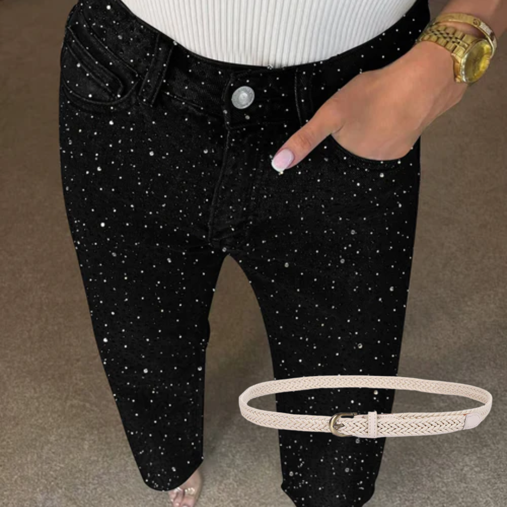 Icone™ SparklingJeans: Strass-Verfraaid Hoge-Taille Recht-Been Sprankelende Spijkerbroek Met Riem