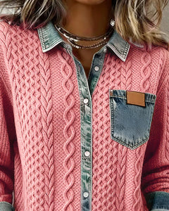 Icone™ DenimKnitwear: Dames Met Gekraagd Patchwork Knoop-Omlaag Denim Gebreide Kleding