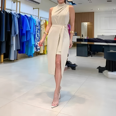 Icone™ SlimDress: Mouwloze Hoge Hals Wikkelstijl Midi Slim Jurk