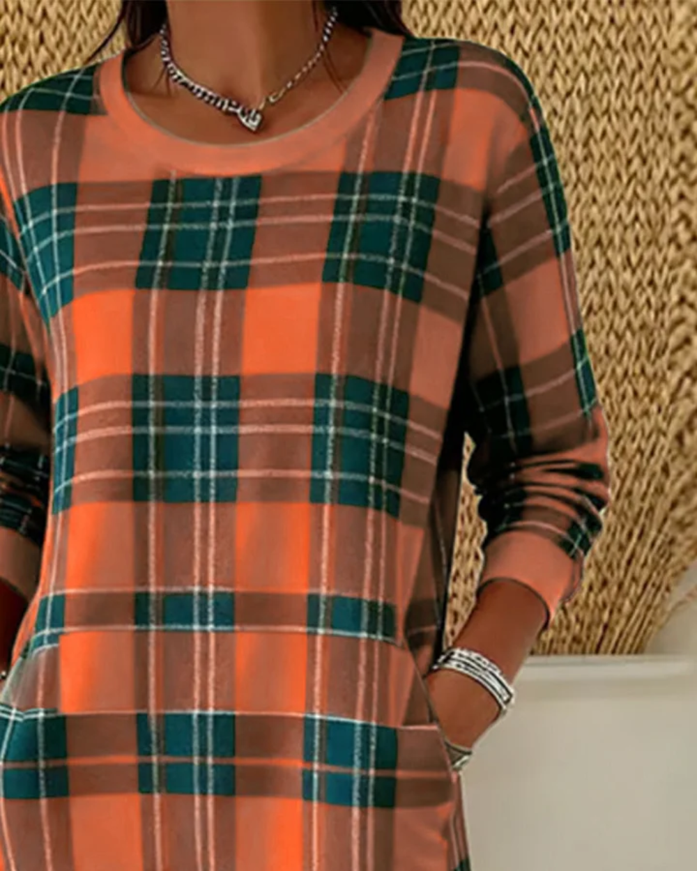 Icone™ CheckeredDress: Casual Ontspannen Pasvorm Lange Mouwen Geruit Jurk