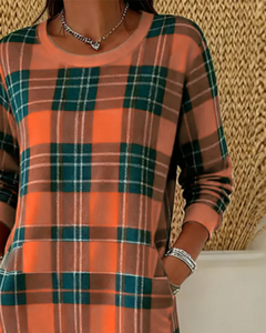 Icone™ CheckeredDress: Casual Ontspannen Pasvorm Lange Mouwen Geruit Jurk