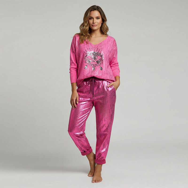 Icone™ SequinSet: Casual Shiny Evil Eye Top En Broek Sequin Set
