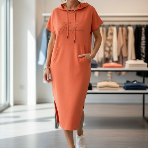 Icone™ DrawstringDress: Dames Knus Met Capuchon Met Trekkoord Midi Jurk