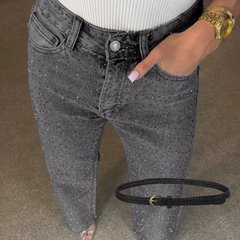 Icone™ SparklingJeans: Strass-Verfraaid Hoge-Taille Recht-Been Sprankelende Spijkerbroek Met Riem