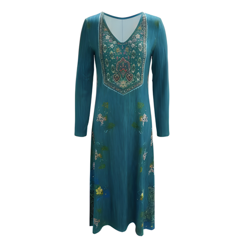 Icone™ VintageDress: Stijlvolle Bloemenprint Toevallig V-Hals Lange Mouwen Vintage Jurk