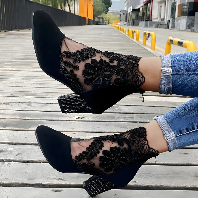 Happy™ EmbroideredHeels: Stijlvolle Blok Hakken Gesloten Neus Mesh Geborduurde Hakken