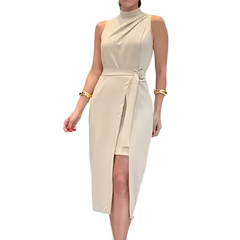 Icone™ SlimDress: Mouwloze Hoge Hals Wikkelstijl Midi Slim Jurk