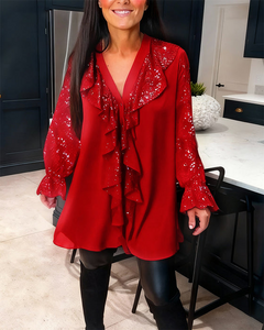 Icone™ SequinBlouse: Dames Gerimpeld V-hals Los Zittend Lang Pailletten Blouse