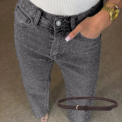 Icone™ SparklingJeans: Strass-Verfraaid Hoge-Taille Recht-Been Sprankelende Spijkerbroek Met Riem