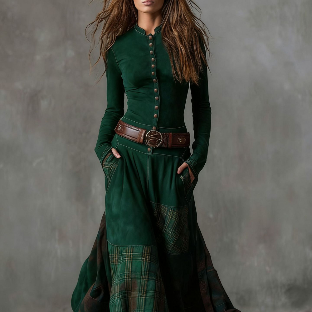 Icone™ ClassicDress: Luxe Retro Taille-Accentuerende Vintage Patchwork Klassieke Jurk
