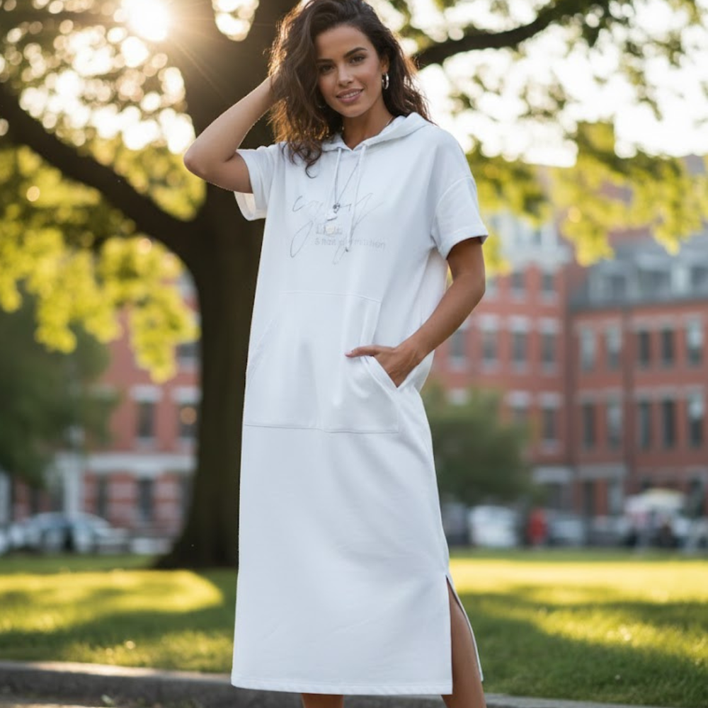Icone™ DrawstringDress: Dames Knus Met Capuchon Met Trekkoord Midi Jurk
