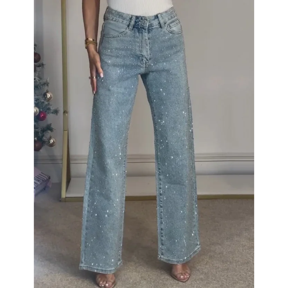 Icone™ SparklingJeans: Strass-Verfraaid Hoge-Taille Recht-Been Sprankelende Spijkerbroek Met Riem