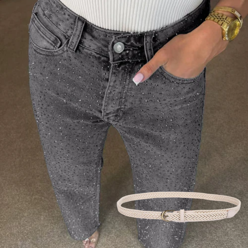 Icone™ SparklingJeans: Strass-Verfraaid Hoge-Taille Recht-Been Sprankelende Spijkerbroek Met Riem