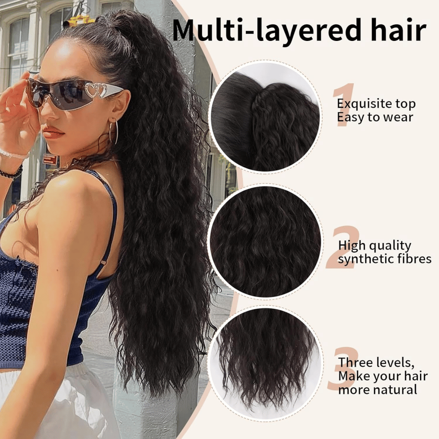 Rose® HairExtension: Klem-Op Lang Krullend Volumineus Haar Extension Paardenstaart
