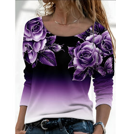 Icone™ FloralLongsleeves: Dames Casual Comfort Top Ronde Hals Bloemen Lange Mouwen
