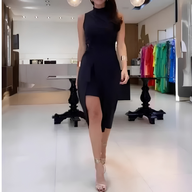 Icone™ SlimDress: Mouwloze Hoge Hals Wikkelstijl Midi Slim Jurk