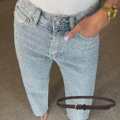 Icone™ SparklingJeans: Strass-Verfraaid Hoge-Taille Recht-Been Sprankelende Spijkerbroek Met Riem