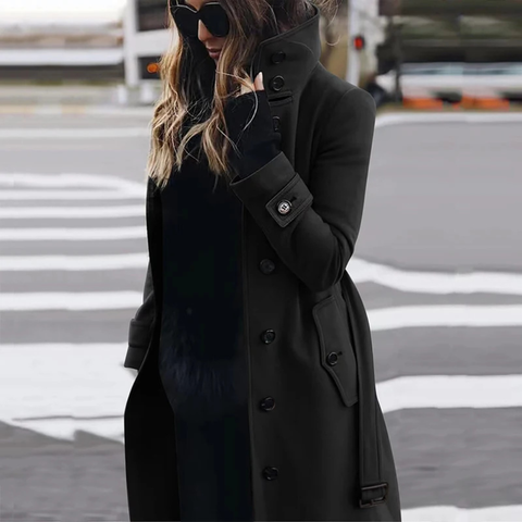 Icone™ StylishCoat: Veelzijdige Mid-Lengte Hoge Hals Gebuttonde Stijlvolle Jas