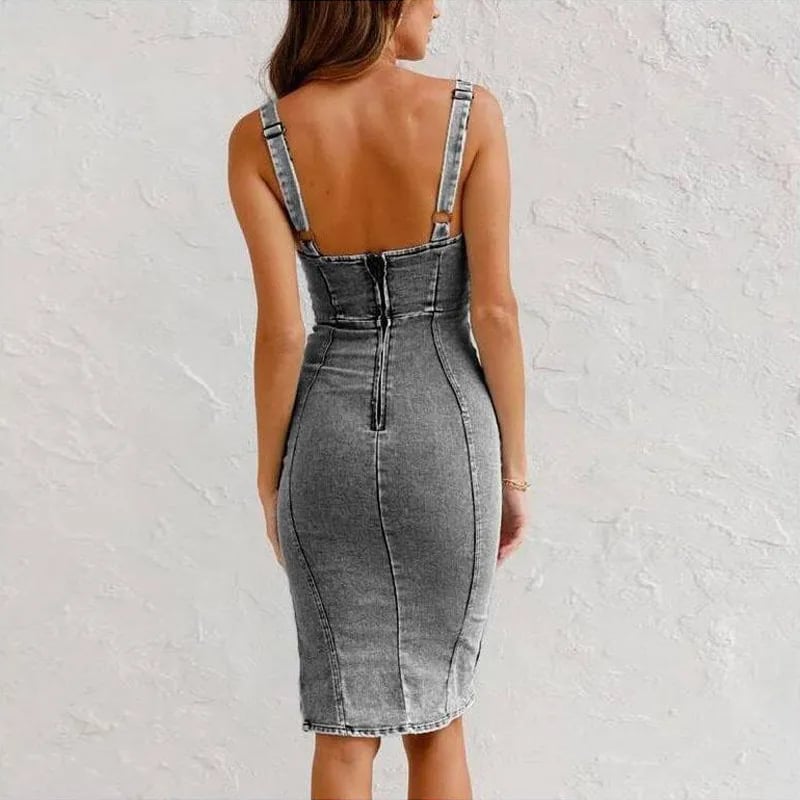 Icone™ DenimDress: Denim Jurk Met Split En Verstelbare Bandjes