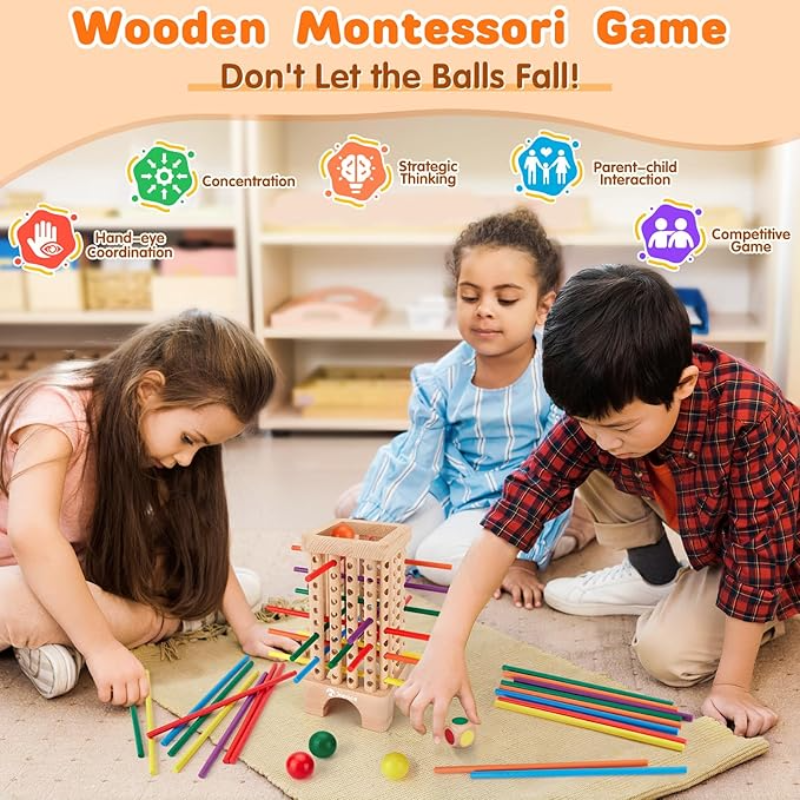 Kletshuts™ StickTower: Klassiek Montessori-Geïnspireerd Stok Toren Stapelspel