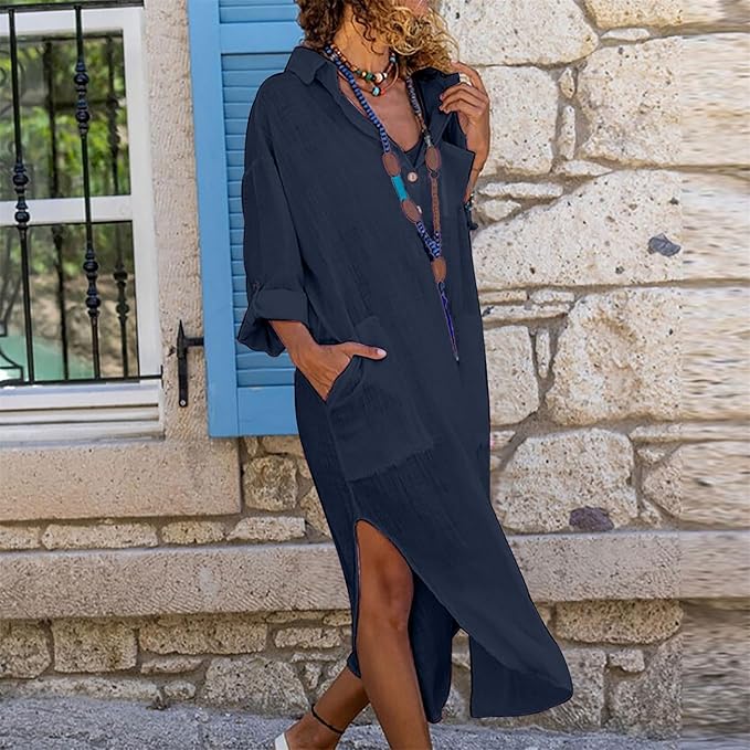 Icone™ ShirtDress: Soepelvallend Overhemd Zijsplit Jurk