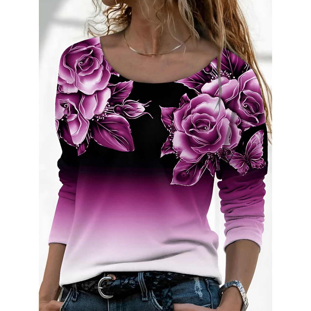 Icone™ FloralLongsleeves: Dames Casual Comfort Top Ronde Hals Bloemen Lange Mouwen