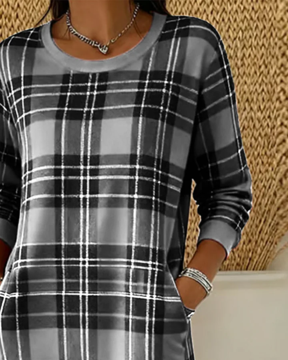 Icone™ CheckeredDress: Casual Ontspannen Pasvorm Lange Mouwen Geruit Jurk